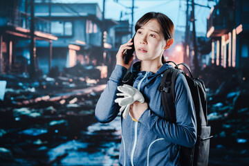 災害が発生し電話が繋がらずに困る女性