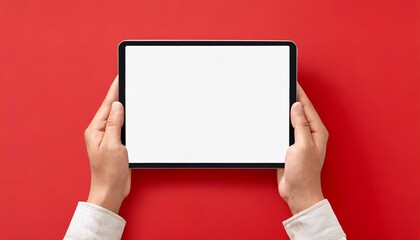 Hands white screen tablet, isolated on red background