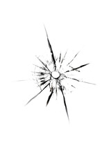 Texture of cracks from a shot, broken glass with a hole on a white background