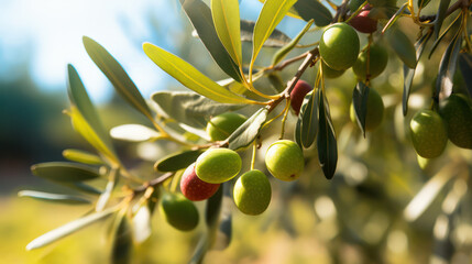 Fototapeta premium Olive Grove Glory, Branch with Ripe Olives and Leaves Enjoys a Sunny Day in the Orchard.