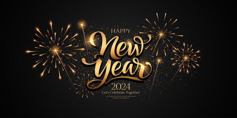 Happy new year 2024 Fireworks gold and black design, banner on black background, EPS10 vector illustration
