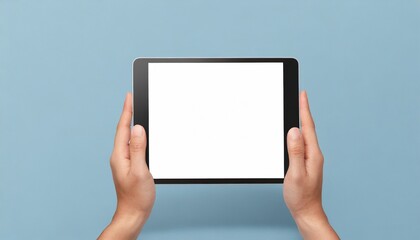 Hands white screen tablet, isolated on blue background