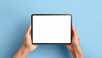Hands white screen tablet, isolated on blue background
