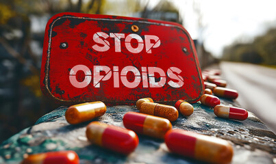 Weathered Stop Opioids sign amidst scattered pills on a rustic surface, a stark symbol of the urgent fight against drug addiction and the opioid crisis