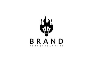 Badminton shuttlecock logo design with flame combination in flat vector style