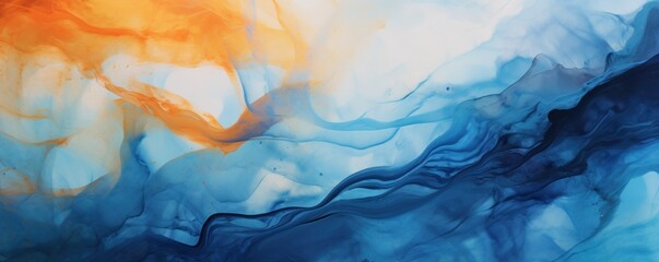 Abstract watercolor paint background by royal blue and burnt orange with liquid fluid texture for background
