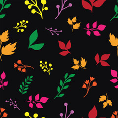 seamless leaves and floral pattern isolated on black background