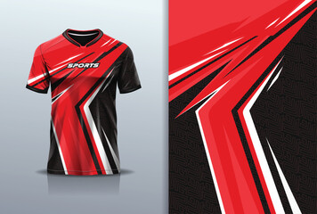 T-shirt mockup with abstract stripe line racing jersey design for football, soccer, racing, esports, running, in red color	