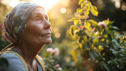 A cancer patient gardening, their eyes showing contentment and hope in growth, cancer, blurred background, with copy space - obrazy, fototapety, plakaty