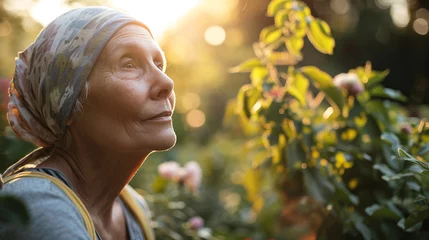 Fotobehang A cancer patient gardening, their eyes showing contentment and hope in growth, cancer, blurred background, with copy space © Катерина Євтехова