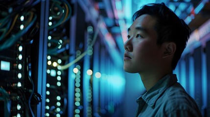 A network technician attentively analyzing equipment in a server room with blue lighting.