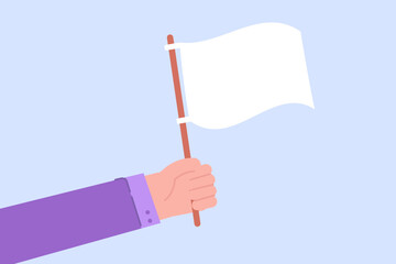 Hand hold white flag, capitulation in competition concept. Vector illustration. - obrazy, fototapety, plakaty