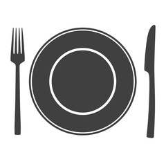 Icon of plate with fork and knife, symbol, sign isolated on white background. Vector illustration.