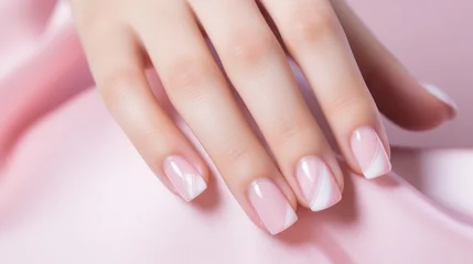  Close-up of a woman's hand with a delicate pink manicure. Beauty, cosmetics, makeup concepts. © liliyabatyrova