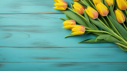 Yellow tulips on turquoise blue: vibrant blooms on wooden background for greeting cards
