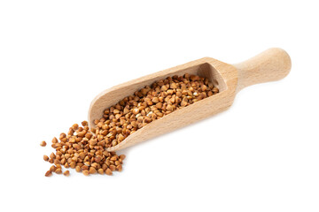 Buckwheat in wooden spoons. Buckwheat grain isolated on white background. Healthy food. Porridge. Diet. Organic cereal
