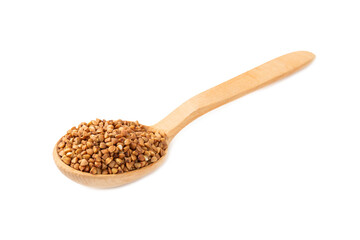 Buckwheat in wooden spoons. Buckwheat grain isolated on white background. Healthy food. Porridge. Diet. Organic cereal
