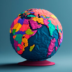 Planeta terra, feito de clay, cores alegres nas representações dos paises e continentes.
Ilustração de design de renderização 3D.