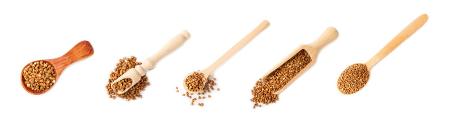 Buckwheat in wooden spoons. Buckwheat grain isolated on white background. Healthy food. Porridge. Diet. Organic cereal