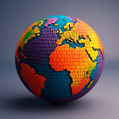 Planeta terra, feito de clay, cores alegres nas representações dos paises e continentes.
Ilustração de design de renderização 3D.