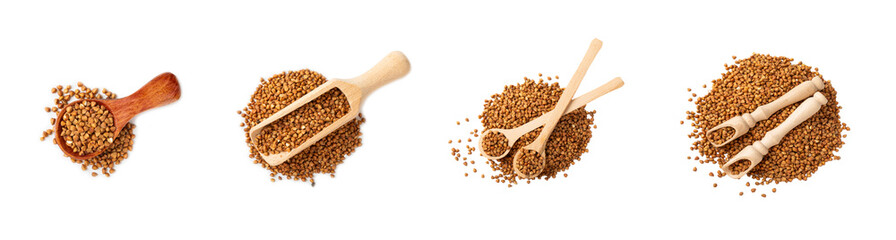 Buckwheat in wooden spoons. Buckwheat grain isolated on white background. Healthy food. Porridge. Diet. Organic cereal
