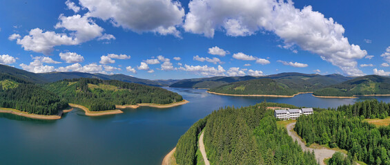 Summer landscape of mountain lake from above - obrazy, fototapety, plakaty