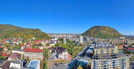 Autumn city viewed from above, aerial panorama
