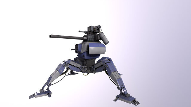 Robot Walker with gatling guns armored with light blue background sci-fi style 3D render