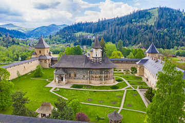 Aerial view of Sucevita monastery church in Moldavia