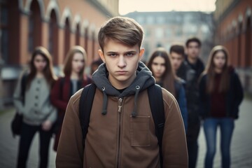 Upset teen guy with backpack standing against the background of classmates outdoor, bullying, adolescence problems
