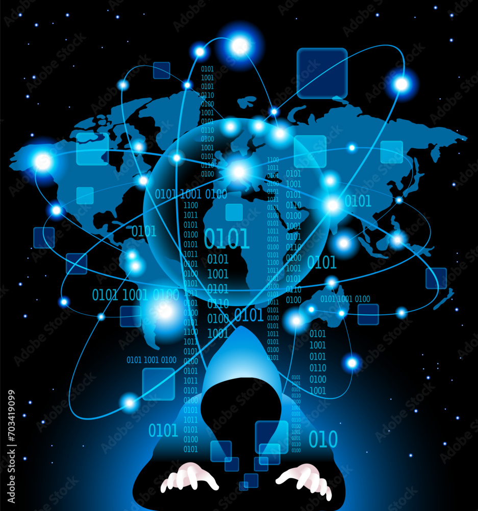 Poster cyber attack business concept. anonymous hacker at the laptop computer internet security. darknet an
