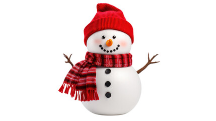 A friendly snowman with a carrot nose stands isolated on a white background