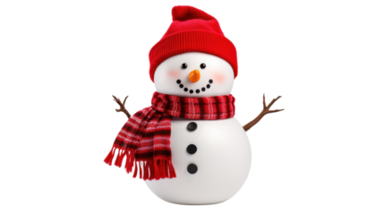 A friendly snowman with a carrot nose stands isolated on a white background