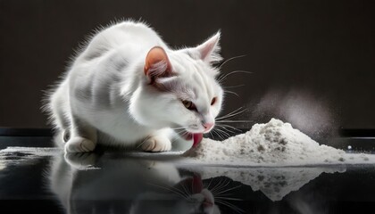 cat white licking white cocaine powder on reflective glass table, generative ai - obrazy, fototapety, plakaty