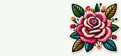 embroidered rose patch sticker, stitched patchwork icon on white background, generative ai