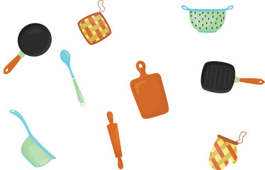 Various kitchen tools such as frying pan, spoon, cutting board, sieve, rolling pin, colander, pot and glove.