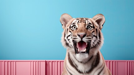 close-up emotional tiger, on a blue background, banner, space for text. Generative AI	