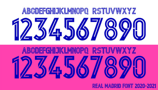 font vector team 2020 - 2021 kit sport style font. real madrid font. football style font with lines inside. sports style letters and numbers for soccer team