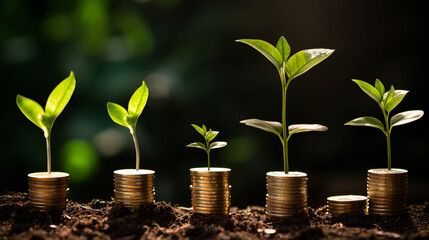 Fototapeta na wymiar Money Growth Concept Plants On Coin Stacks