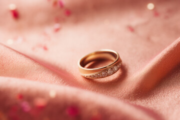 Engagement or wedding ring with gemstones lying in folds of fabric. Rich pink background with sequins. Advertisement, banner for jewelry store, wedding photo shoot. 