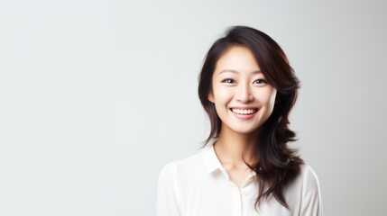 Fototapeta premium Radiant Smile: Portrait of a Joyful Asian Woman in Her 30s