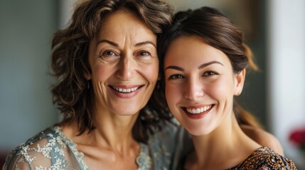 Close-Up of Radiant Mother and Daughter Sharing a Joyful Moment, Elegance and Happiness Combined