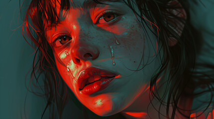 A close-up of a woman with tears on her face, bathed in glowing red light