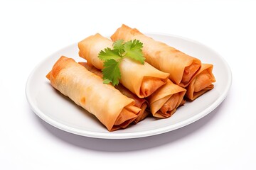 Fried spring rolls on a plate isolated on white background