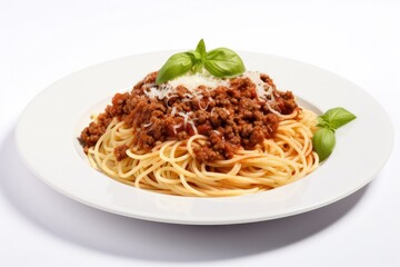 Spaghetti Bolognese with parmesan cheese on white plate isolated