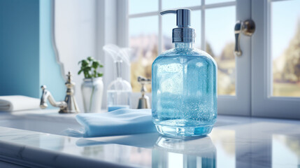 Obraz na płótnie Canvas Transparent blue soap dispenser on a bathroom counter with natural daylight, symbolizing cleanliness and care.