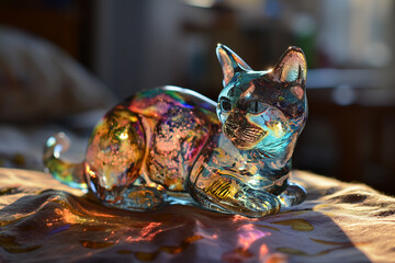 Iridescent glass cat statue