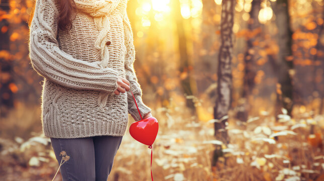 Woman Holding Red Heart Balloon in Autumn. Valentine’s Day. image created with AI.