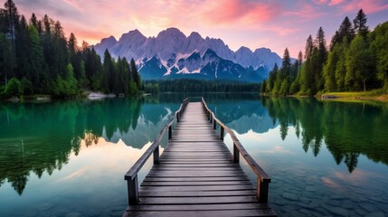 Tranquil sunrise over fusine lake: scenic morning view in julian alps with majestic mangart peak, udine, italy - nature's beauty in colorful summer splendor - obrazy, fototapety, plakaty