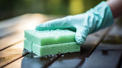 A gloved hand carefully wipes a surface with a green sponge, ensuring meticulous cleanliness and hygiene in a bright setting.